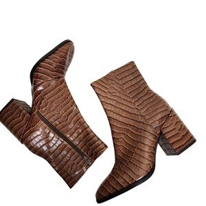 VIONIC Boots Womens 7 Brown Harper Croc Embossed Ankle Block Heel Zip Square Toe